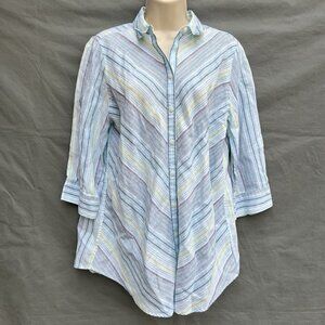 Chico's Size 1 I M No Iron 100% Linen Blue Green Striped Button Down Shirt Top